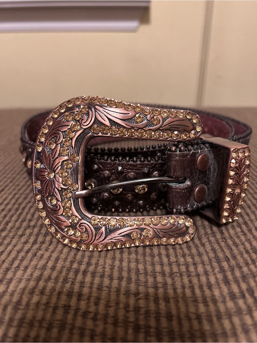 Embellished Floral Buckle Western Belt - Brown with Gold Accents